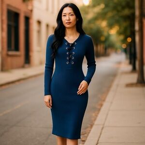 Michael Kors Navy Gold Lace-Up Sweater Dress XL | Heavy Knit